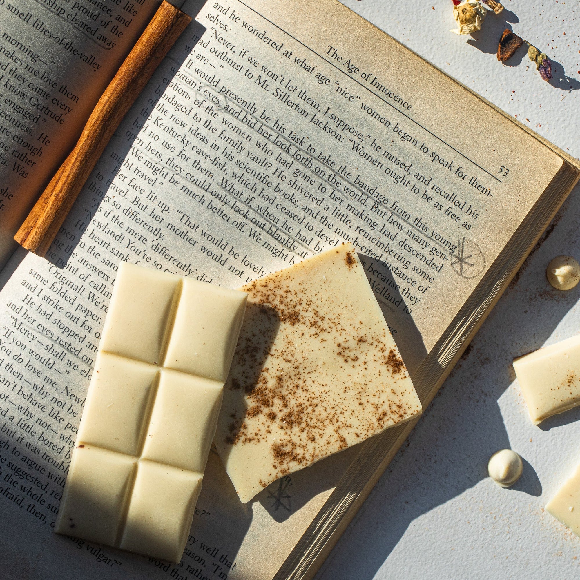 slowcocoa white chocolate with cinnamon is placed on an open book, page 53 of "The Age of Innocence", with pencil highlights and a cinnamon stick at the center binding of the book as though it's a bookmark.