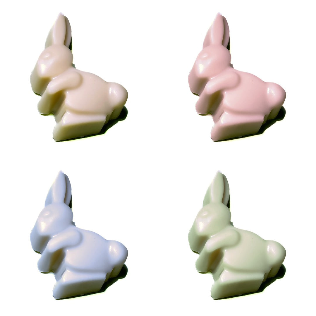 slowcocoa craft chocolate Easter bunnies in white, pink, purple and green, in a grid along white background