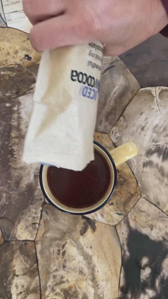 slowcocoa Mindful Drinking Chocolate, hand-poured into a mug on a marble tabletop