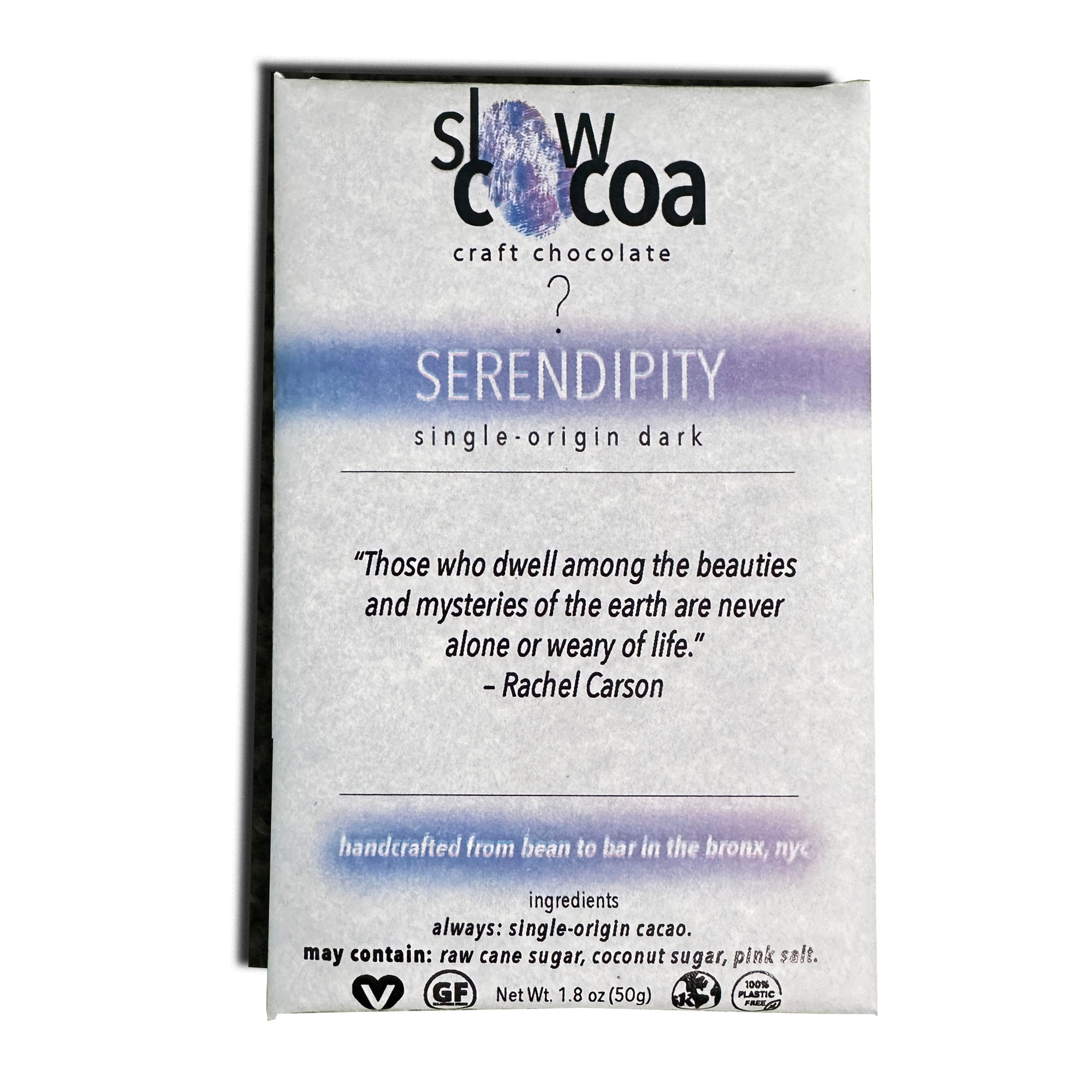 slowcocoa craft chocolate Serendipity bar with a quote by Rachel Carson on a white background