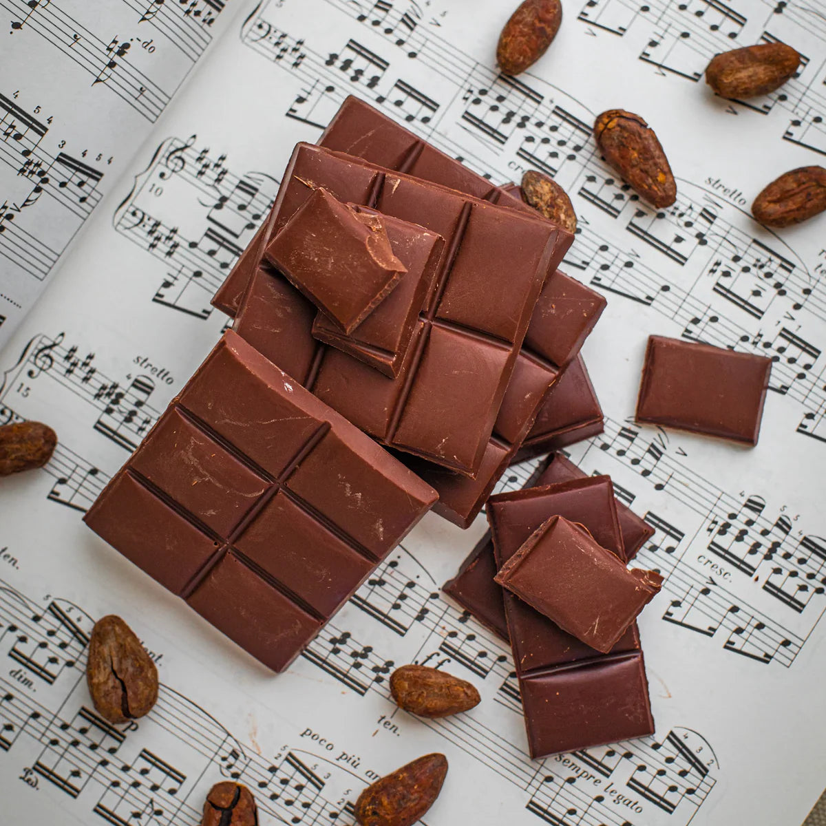 chocolate bar, cacao beans on a music sheet